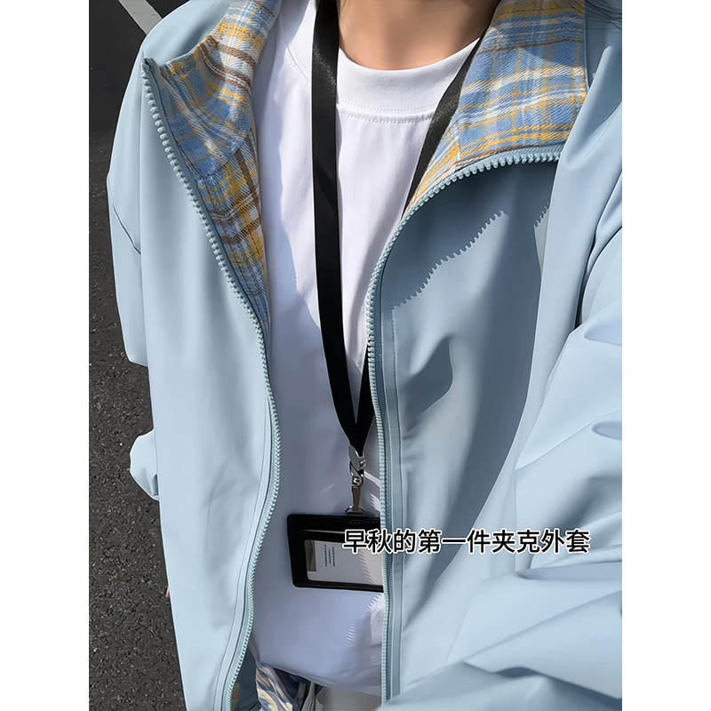 蓝色格子拼接飞行员夹克男高级感痞帅复古设计感上衣翻领情侣外套