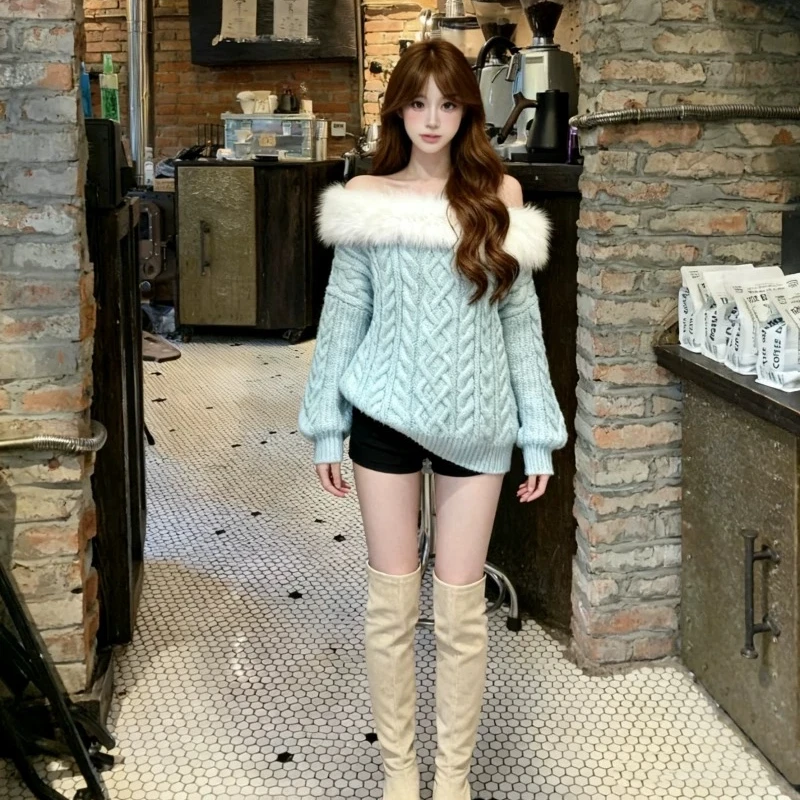 法式辣妹温柔风毛领一字肩宽松百搭毛衣女秋冬新款高级感针织上衣