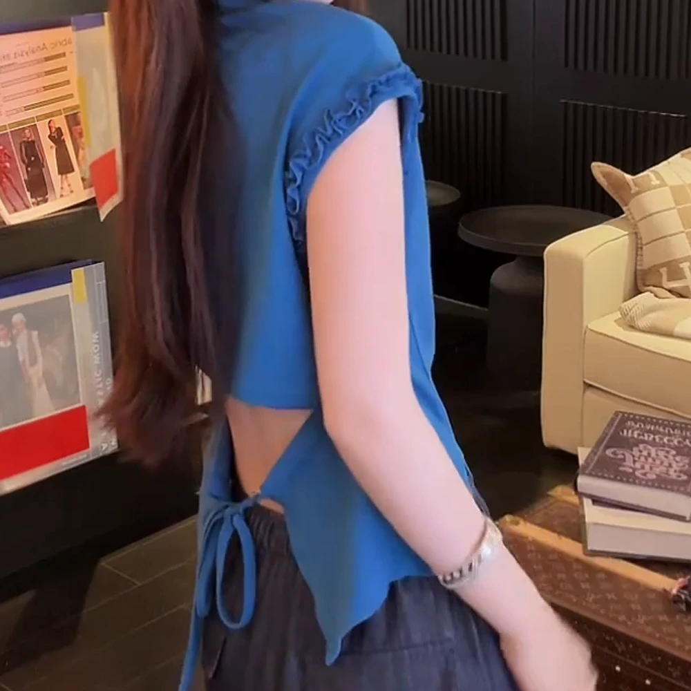 绑带露背 韩系木耳边开衩修身T C5410