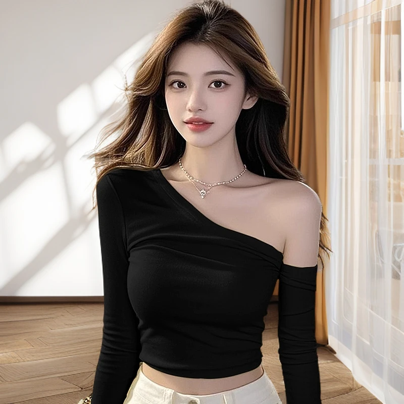 斜肩露肩纯欲风辣妹T恤修身性感上衣女短款显瘦长袖打底衫设计感