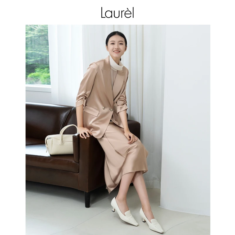 【进口醋酸】Laurel劳芮新款淡人法式中长压褶半裙LWD343Q02100东方