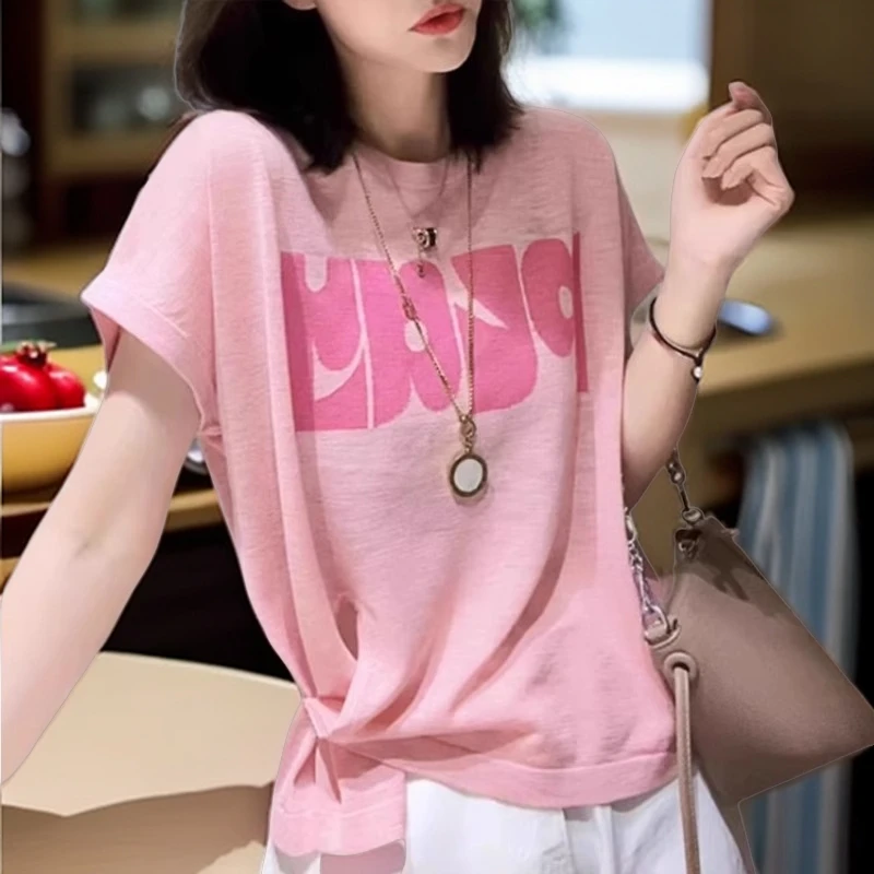 小个子薄款冰丝短款针织衫T恤女夏新款韩版侧边一粒扣设计感上衣