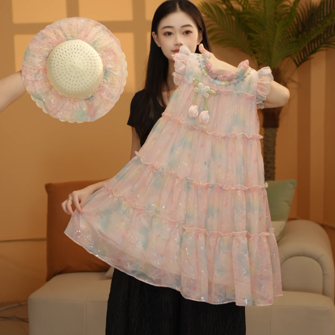 女童连衣裙2025夏季新款甜美小飞袖花海女孩连衣裙XQZ25153