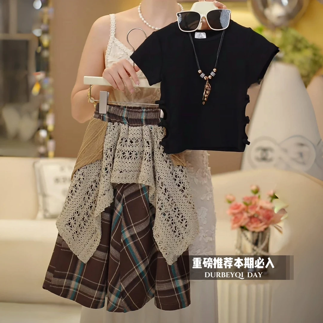 女童0425夏季新款百搭短袖拼接格子长裙套装宝宝时髦格子裙两件套