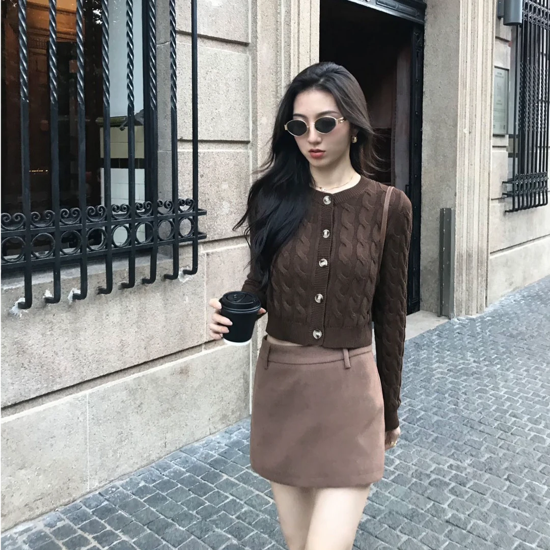2025秋冬复古高级感气质针织毛衣开衫上衣女高腰半身裙短裙两件套