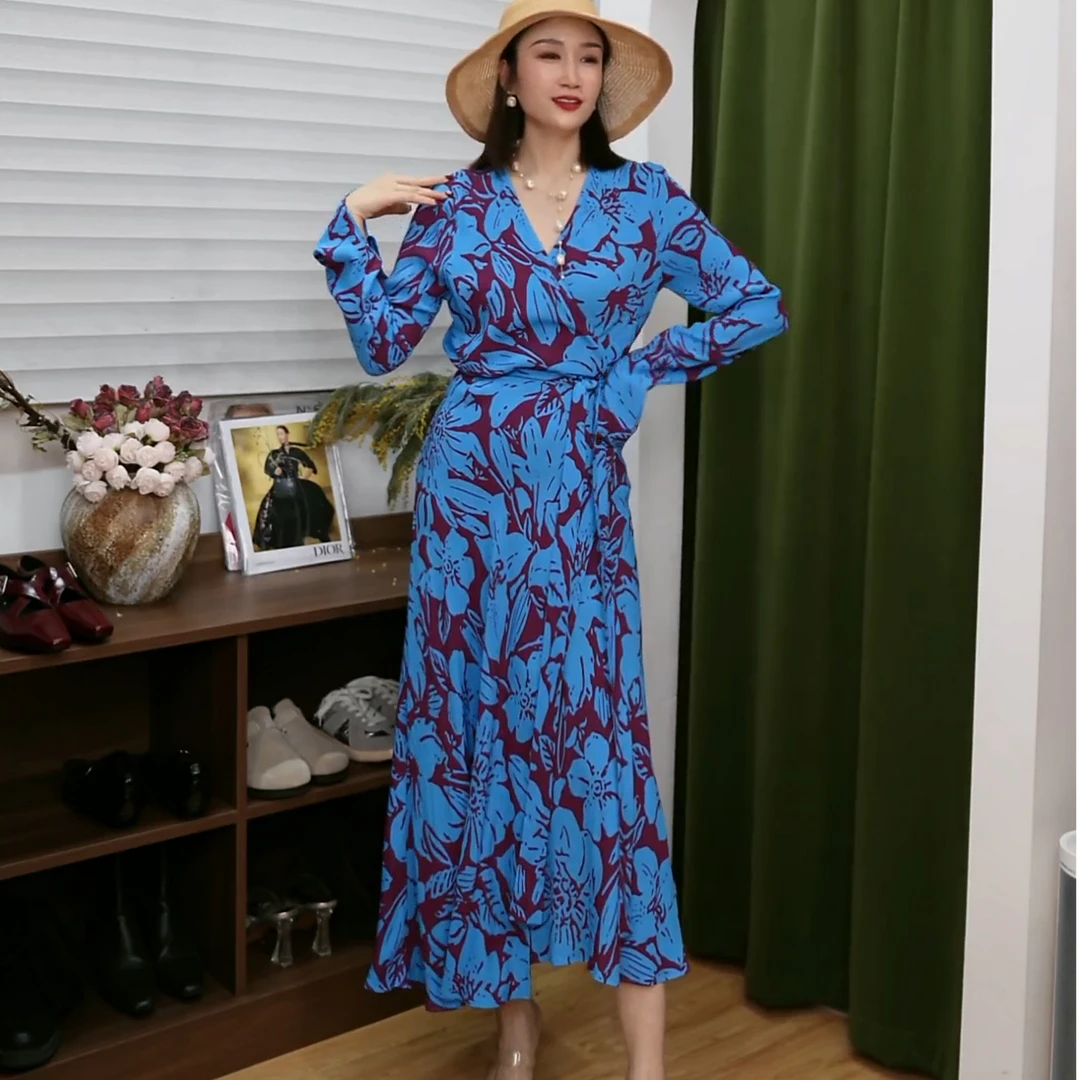 葭恩DF25新款时尚蓝色伊利亚特之花图案连衣裙0823