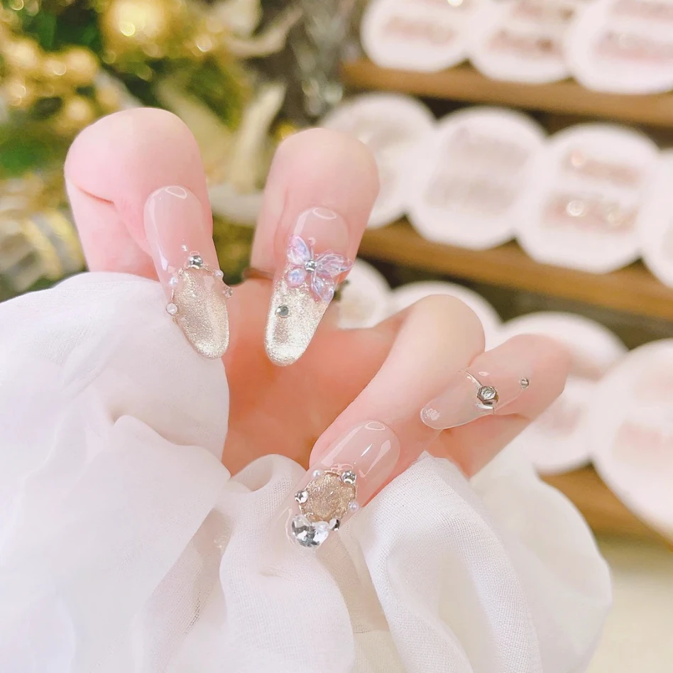 ins夏季猫眼蝴蝶满钻超长穿戴甲纯手工美甲贴片