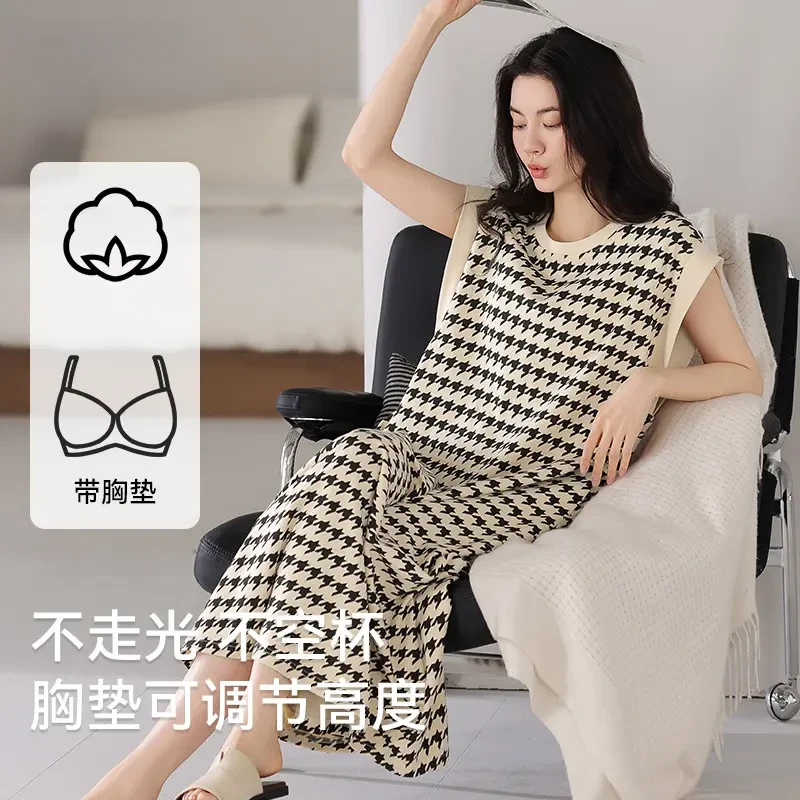 千鸟格简约印花带胸垫睡衣女2025新款夏天高级薄款短袖睡裙家居服