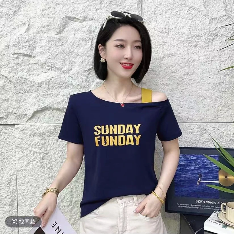 女士设计感斜肩印花字母短袖t恤夏季休闲百搭透气吸汗百搭女装潮