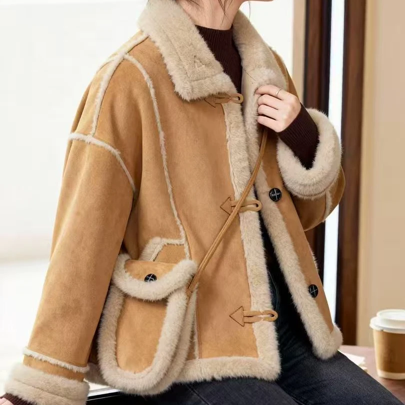 2026新款拼接立领翻领加绒皮毛短外套短款冬季加厚韩版加绒纯色