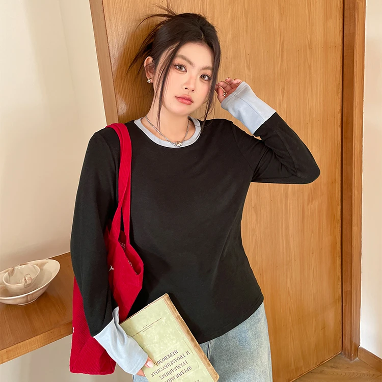 2025年新款女装胖mm显瘦遮肉上衣洋气减龄大码早春款长袖打底t恤