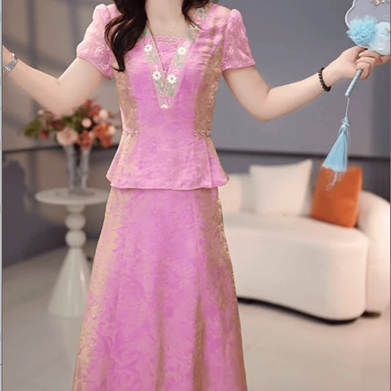 【上衣+半身裙】2025夏季新款高端轻奢刺绣修身显瘦优雅洋气两件套