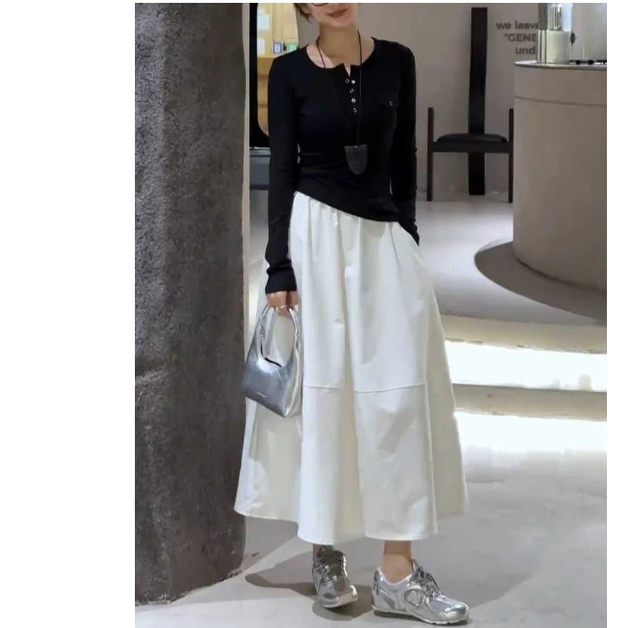 藏肉主义 白色半身裙女设计感高腰拼接中长款a字百褶裙带口袋伞裙