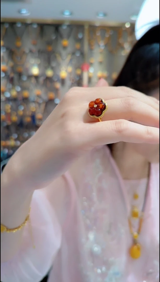 血珀银S925镀金镶嵌珠宝奇石﹣G219琥珀戒指