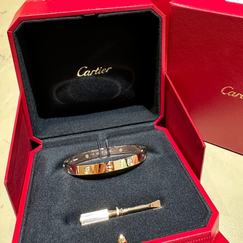 99新 Cartier/卡地亚 -770 小花6欢 LOVE 四钻手镯 18K玫瑰金 17