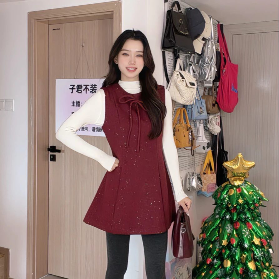 秋冬长袖套头款显瘦高腰连衣裙网红外穿宽松加厚红色