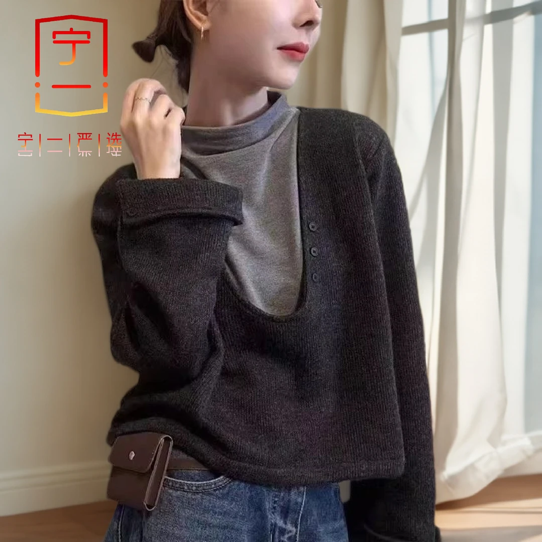 【宁一女装】半高领拼接卫衣时尚秋冬新款休闲百搭加厚设计韩版气质