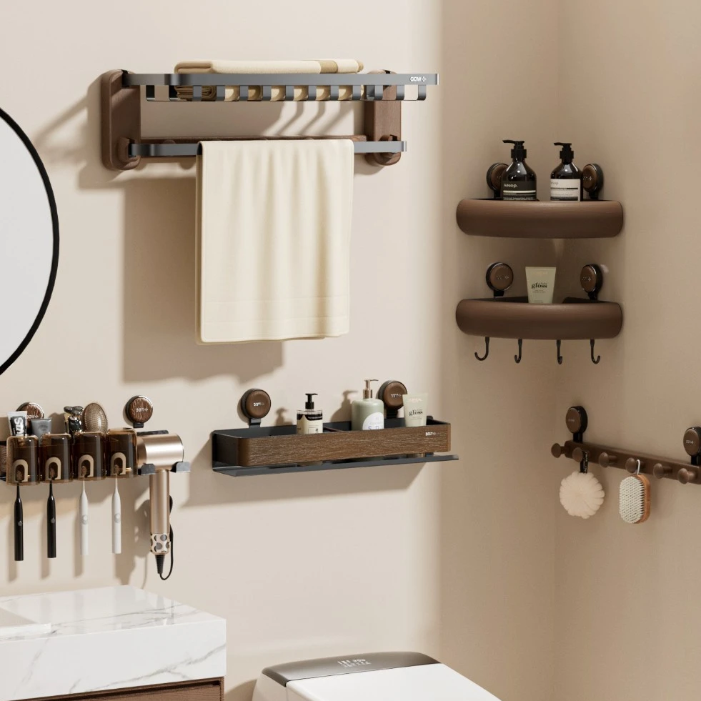 中古风吸盘壁挂置物架吹风机架免打孔木纹毛巾浴巾收纳架