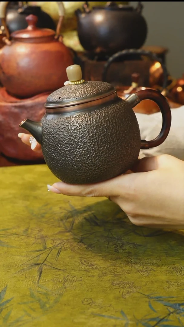 纯紫铜檀木柄泡茶壶