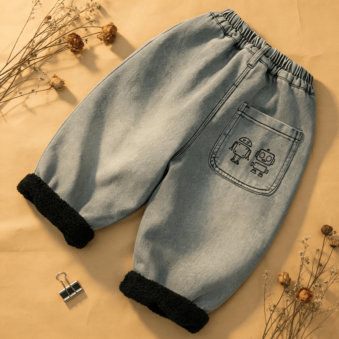 宝宝加厚一体绒保暖裤冬季新款潮童加绒长裤机器人刺绣牛仔裤