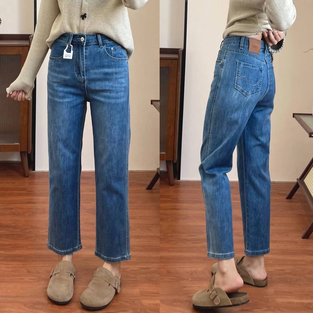 烟管裤女爆款2025新款九分直筒牛仔裤大码显瘦弹力小个子窄版裤子