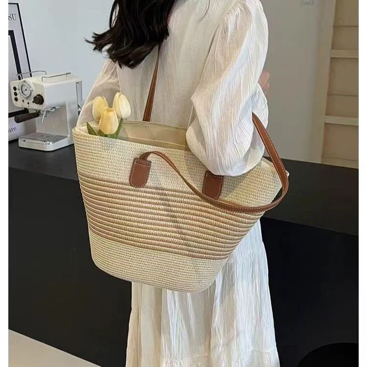 简约清雅休闲单肩包草编织包时尚条纹百搭沙滩小清新编织女包ins