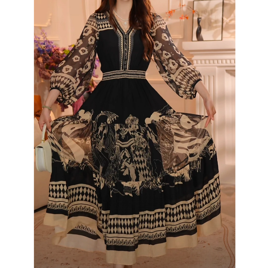 禾棠法式【丹凤朝阳】限量版气质女款轻奢优雅中长款连衣裙