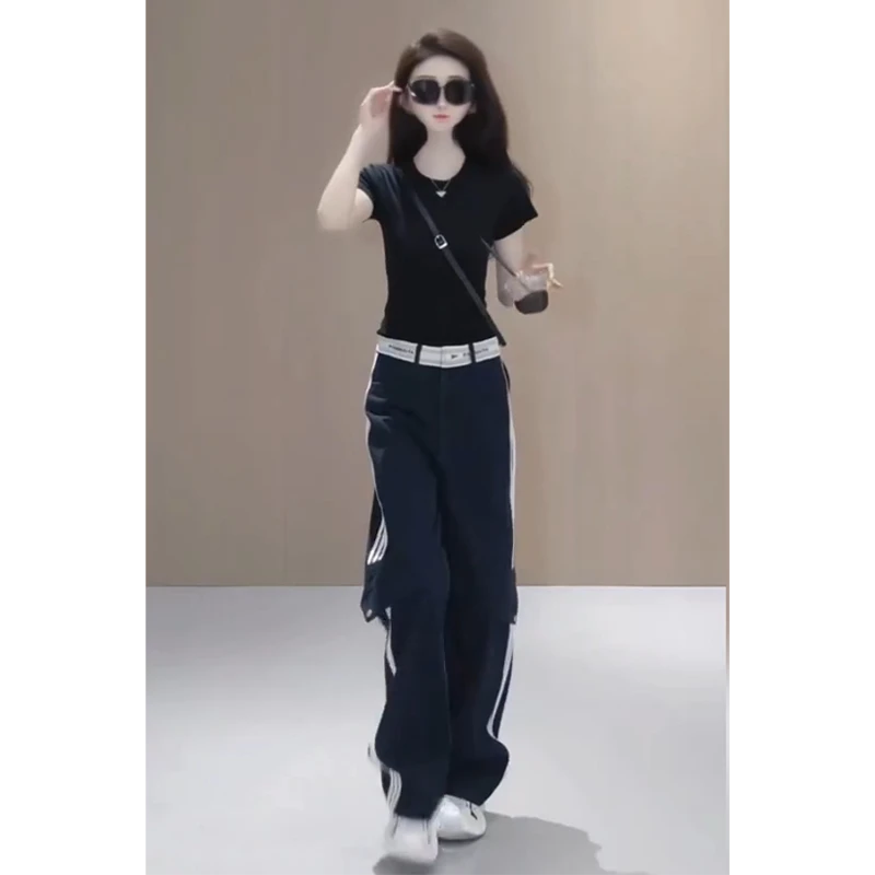 时尚新款套装2025休闲夏季圆领T恤短袖上衣休闲拼接阔腿裤两件套