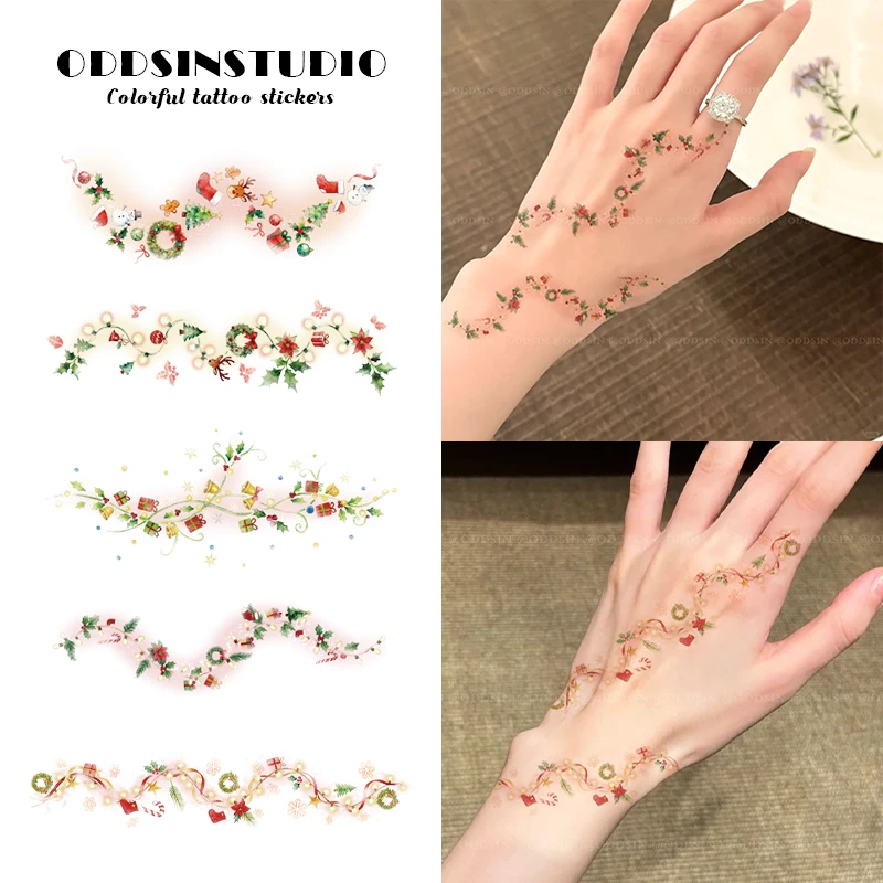 圣诞节花系手背彩色纹身贴防水持久女款唯美逼真可水洗