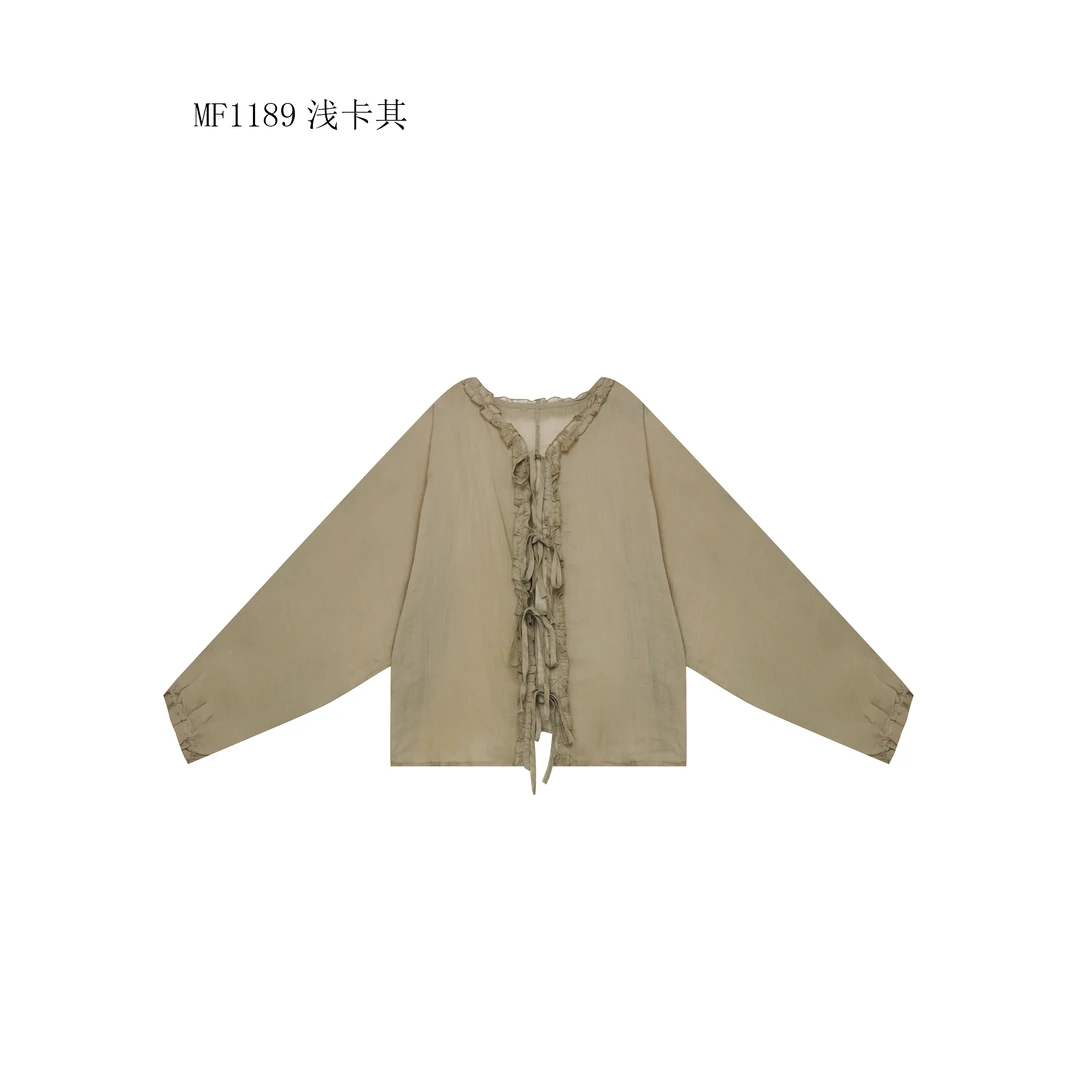 【麻訪家】MF1189浅卡其文艺简约木耳边百搭长袖开衫上衣