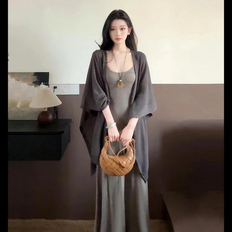 慵懒休闲套装灰色吊带连衣裙纯欲风长裙女夏季气质披肩外套两件套