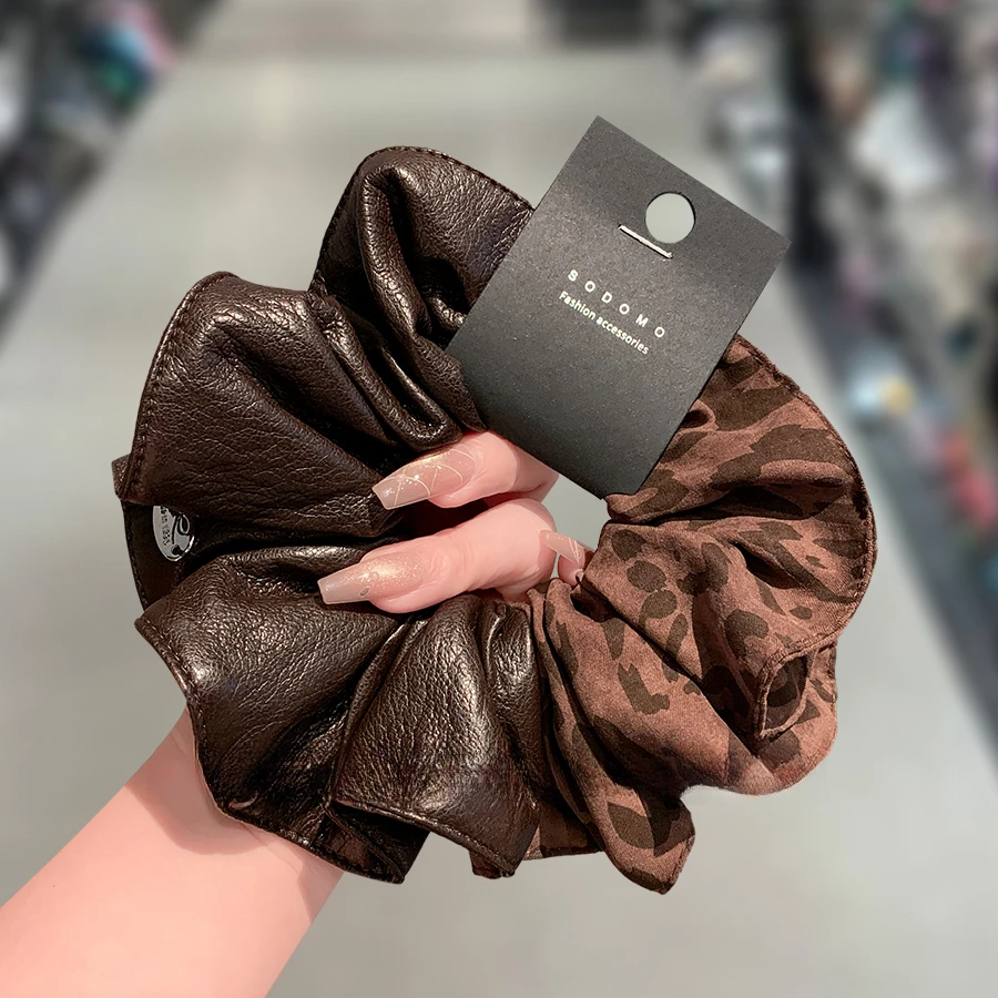 韩国新款豹纹皮质双拼色大肠发圈木耳边肥肠圈时尚头花发绳橡皮筋