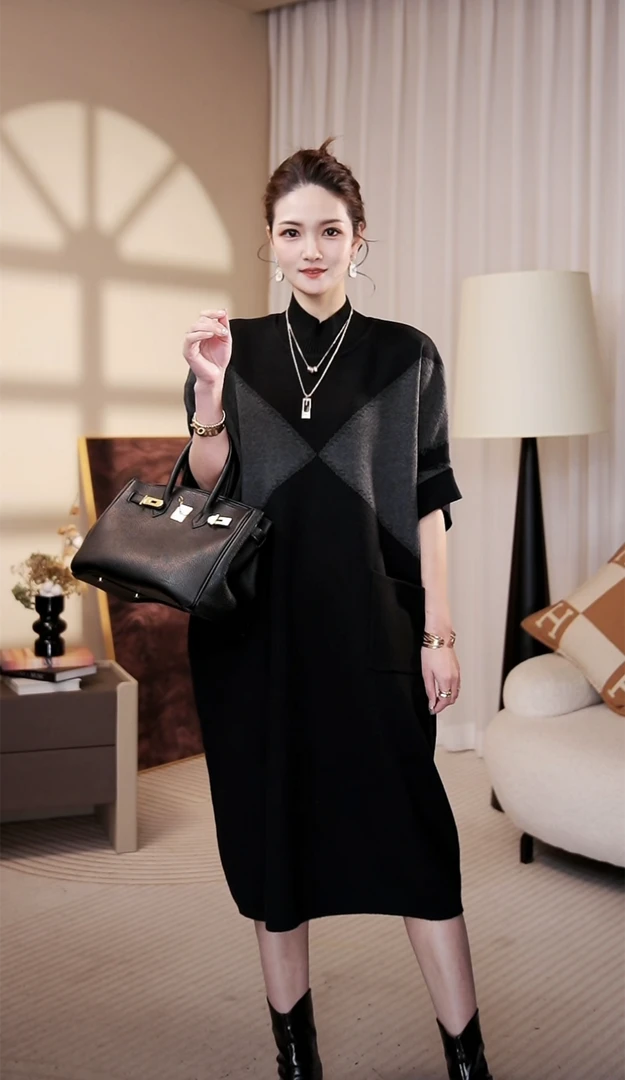 气质半袖[暖春时光]高级感宽松保暖妈妈时尚毛衣连衣裙-1025#