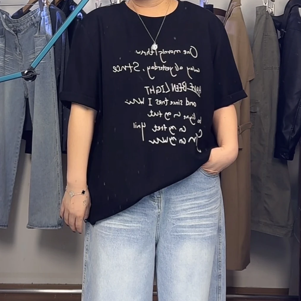 早夏季新款韩系厚款落肩显瘦字母印花黑色t恤大码女装微胖m圆领