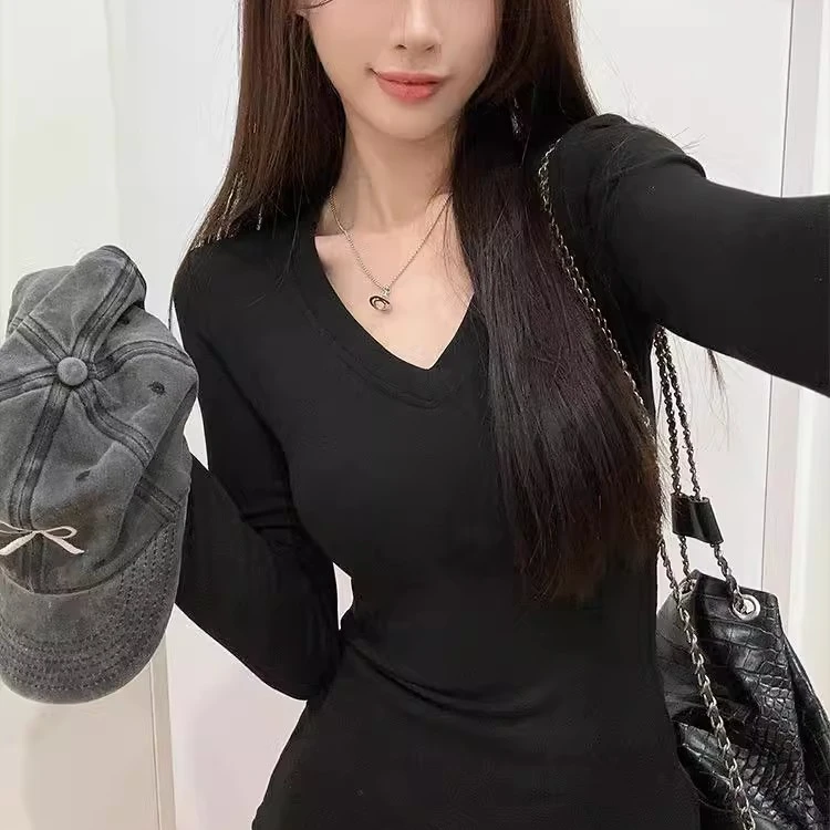 V领薄绒正肩t恤打底衫女秋冬黑色内搭2024新款掐腰修身显瘦可外穿