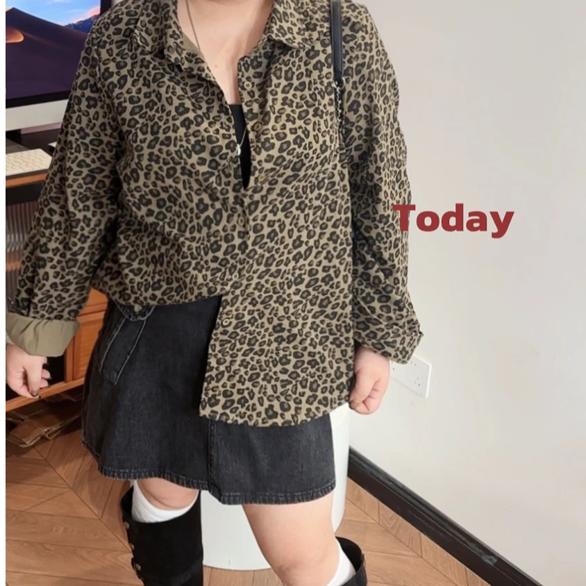 秋季新款美式复古豹纹长袖正肩显瘦宽松大码女装百搭衬衣外套