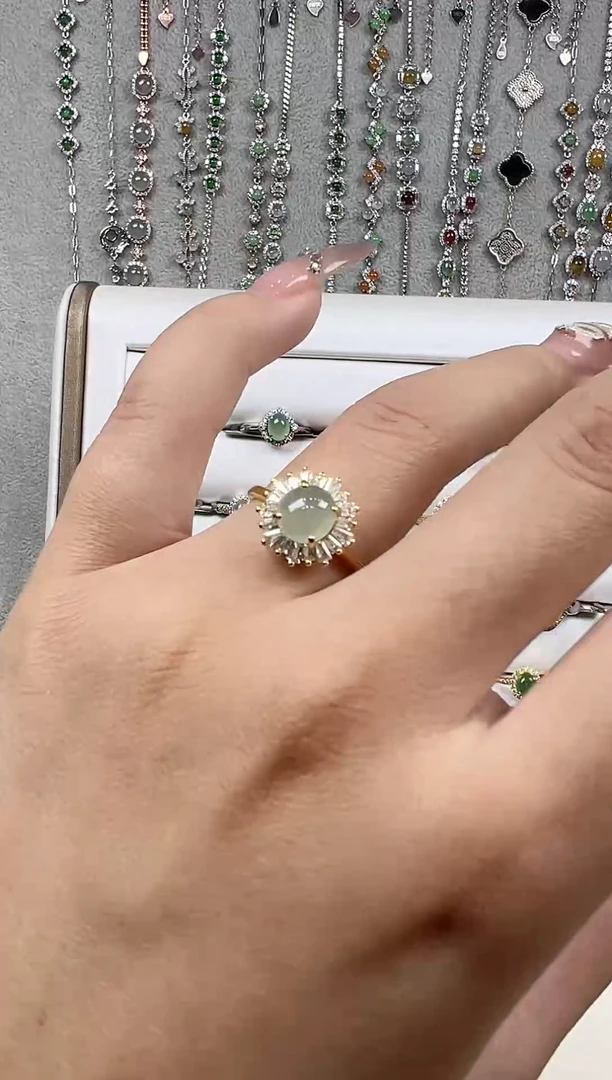 【闪购商品】翡翠戒指银S925镀金镶嵌缅料a货翡翠戒指s925镶嵌