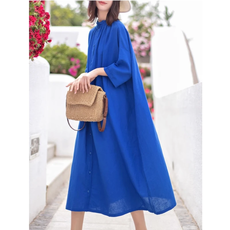 2025春夏新款七分袖亚麻连衣裙文艺优雅宽松显瘦微胖气质减龄长裙