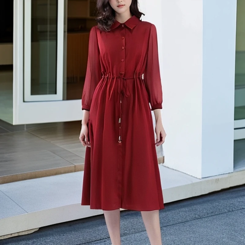 2663-秋季新款休闲时尚显瘦洋气红色连衣裙