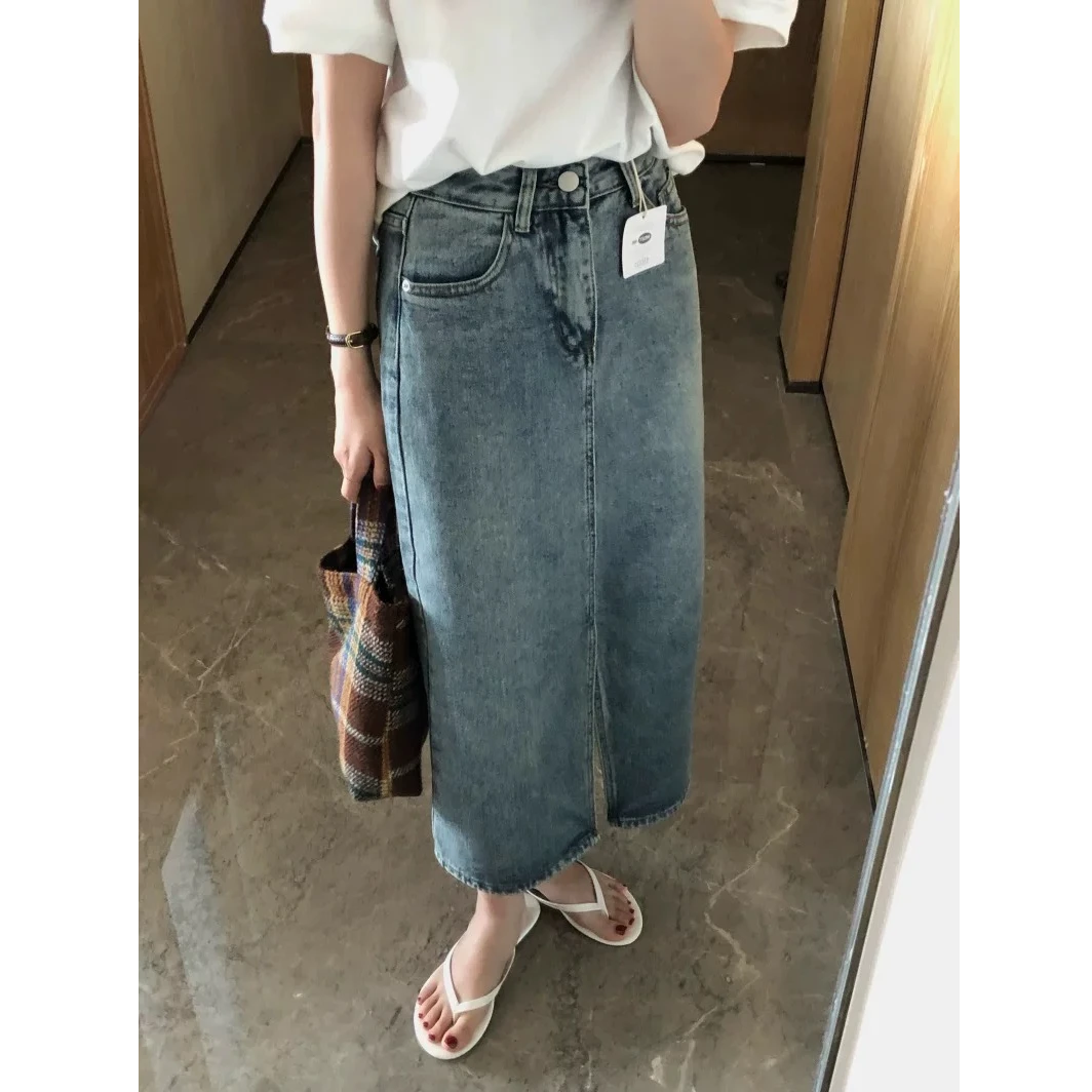 6377#复古水洗做旧牛仔裙a字半身裙裙子女春季新款开叉显瘦中长裙
