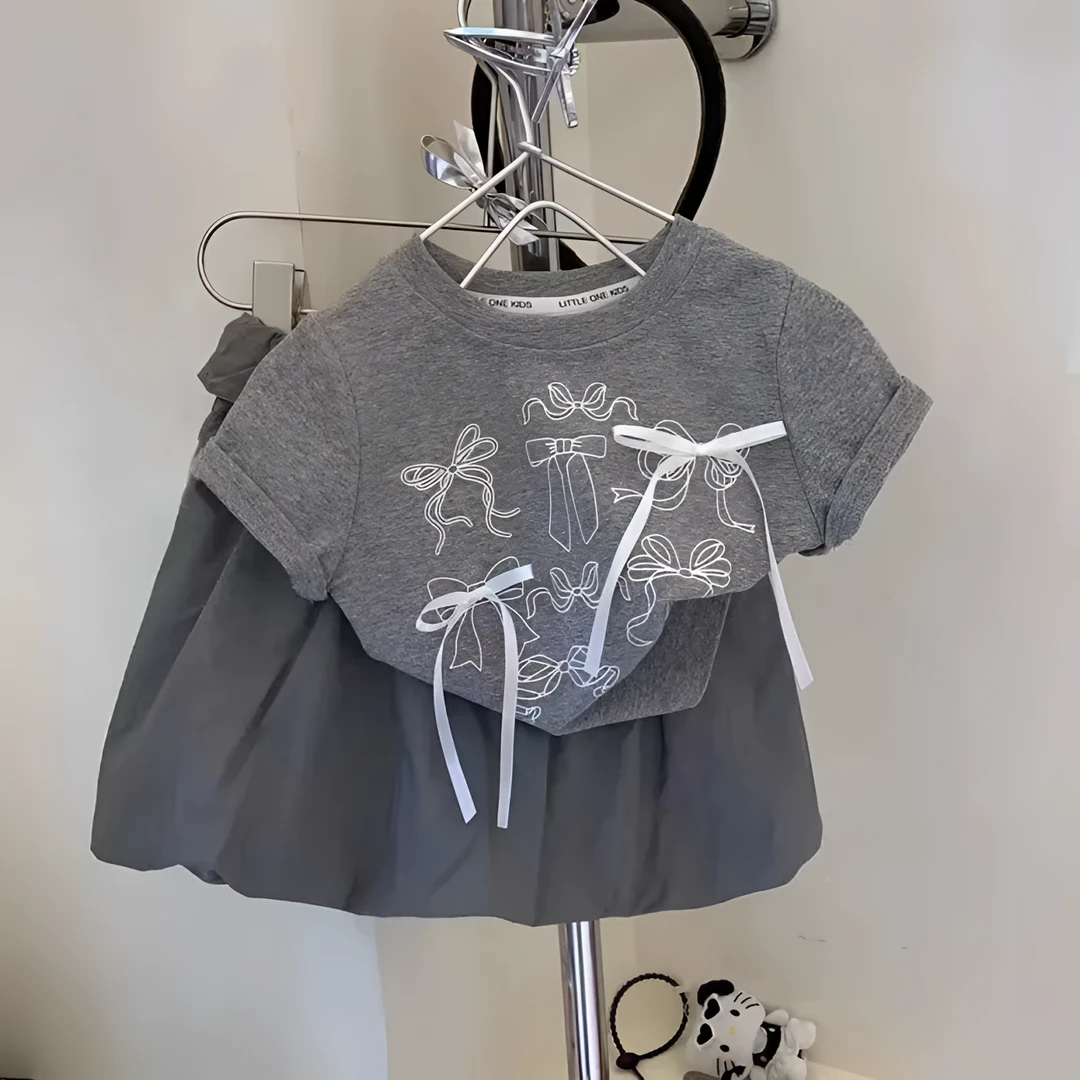 【黑妞妞】女童新款夏季精品蝴蝶结短袖套装时尚洋气女宝LFS89026