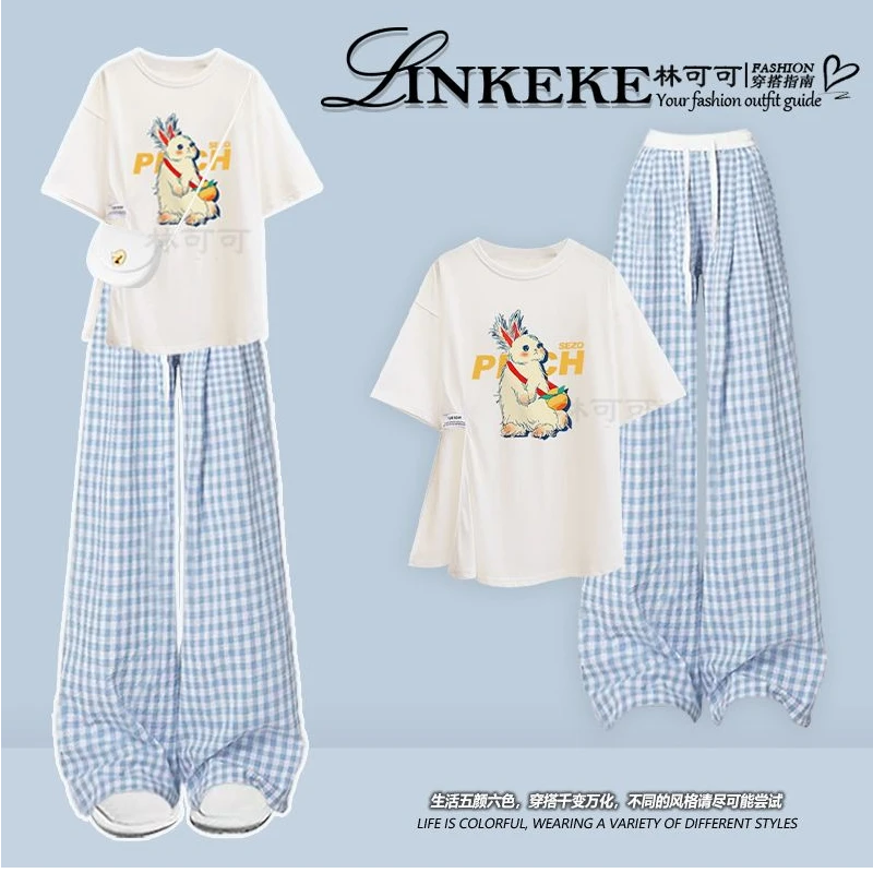 夏季减龄套装气质美式卡通兔子印花短袖上衣时尚格纹休闲裤两件套