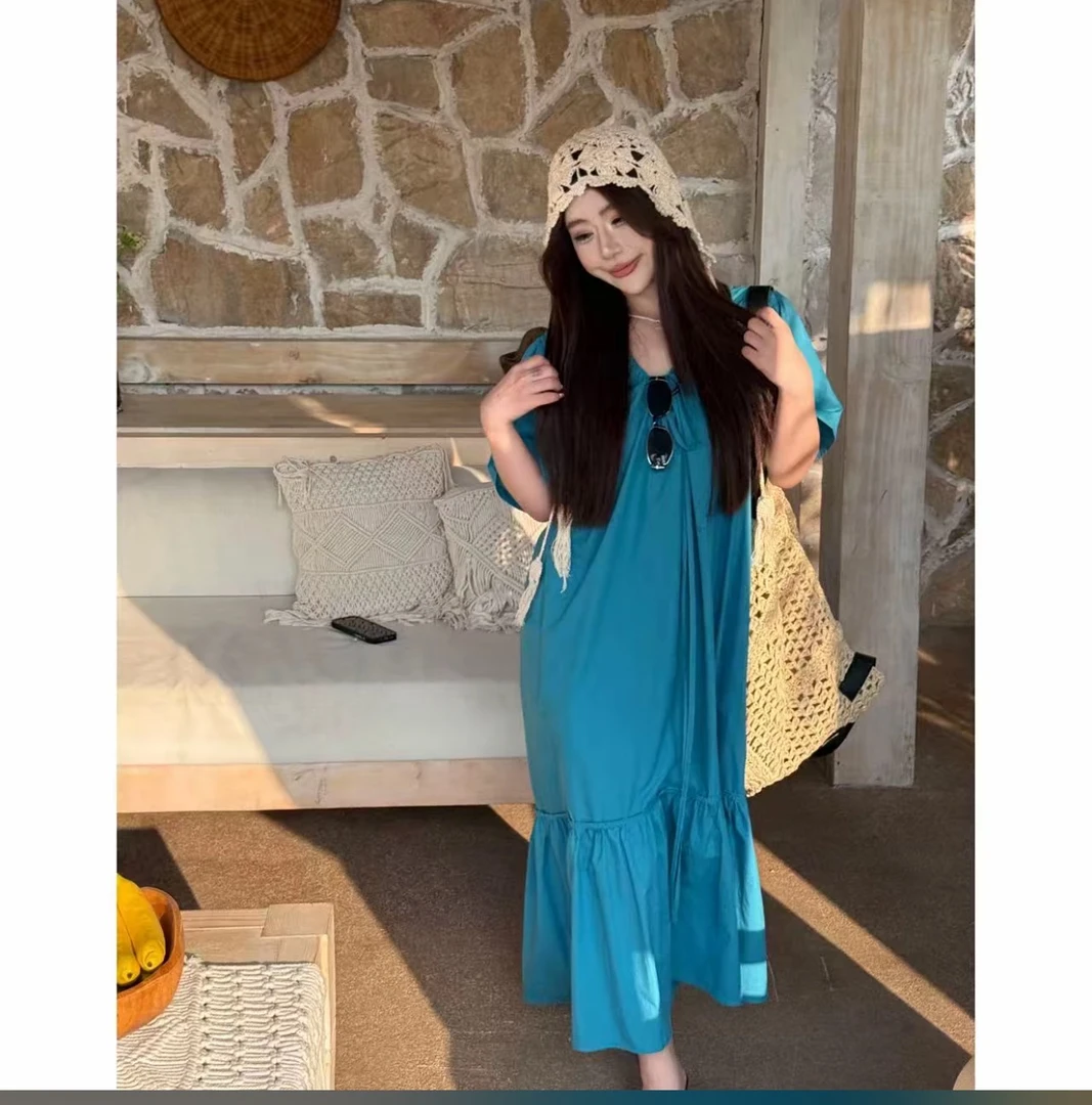 金刚芭比推荐韩系U领抽绳抽褶慵懒风拼接连衣裙