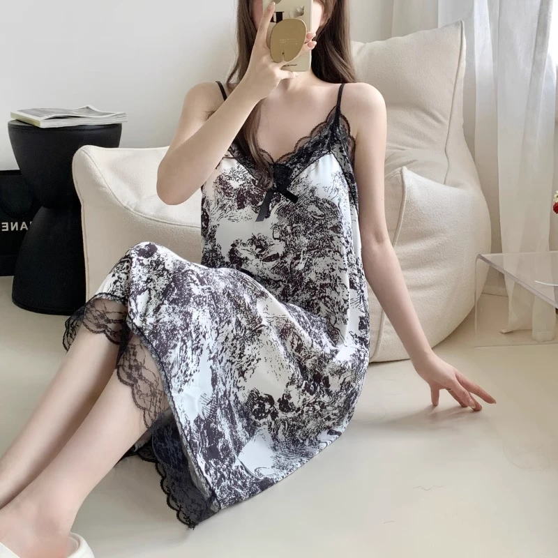 吊带胸垫睡裙女夏季冰丝性感ins风水墨画薄款睡衣蕾丝过膝家居服