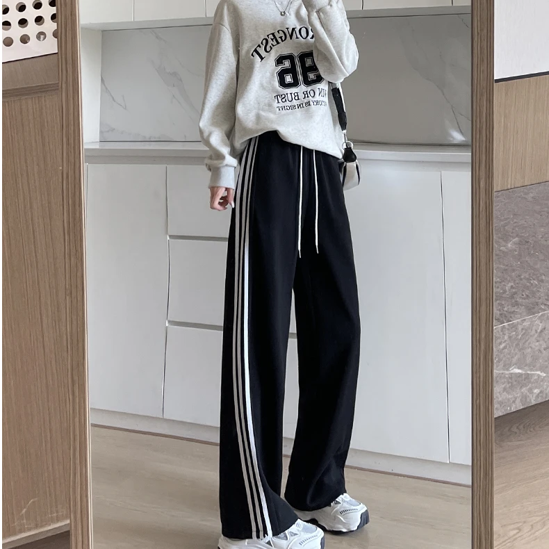 灰色条纹运动裤女款秋冬季2025新款宽松加绒卫裤直筒休闲阔腿裤子