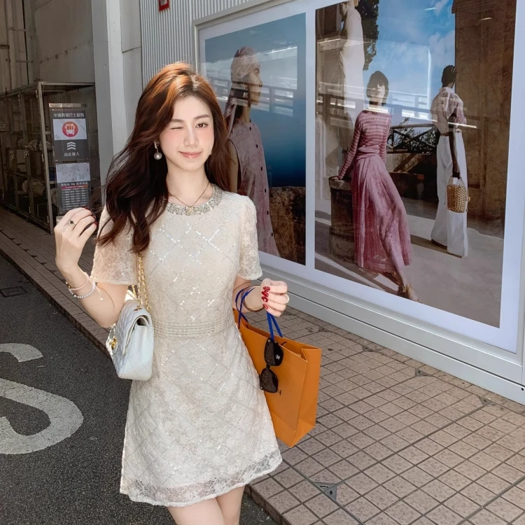 鱼兔子的兔子夏季新款名媛风蕾丝法式连衣裙叠加拼接优雅气质裙子