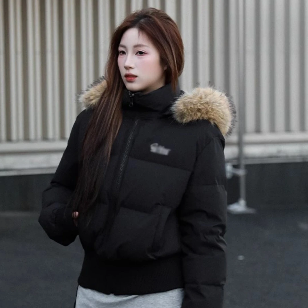 韩系辣妹毛领连帽棉服女2025冬季新款百搭小个子短款保暖棉衣外套