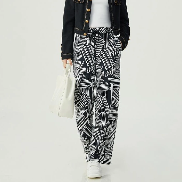 GIRDEAR/哥弟百搭高腰质感丝滑宽松松紧腰长裤冰凉直筒裤1100408