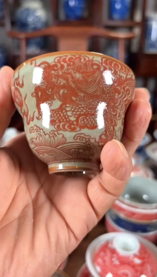 柴窑老陶泥釉里红双龙福禄杯杯瑕疵