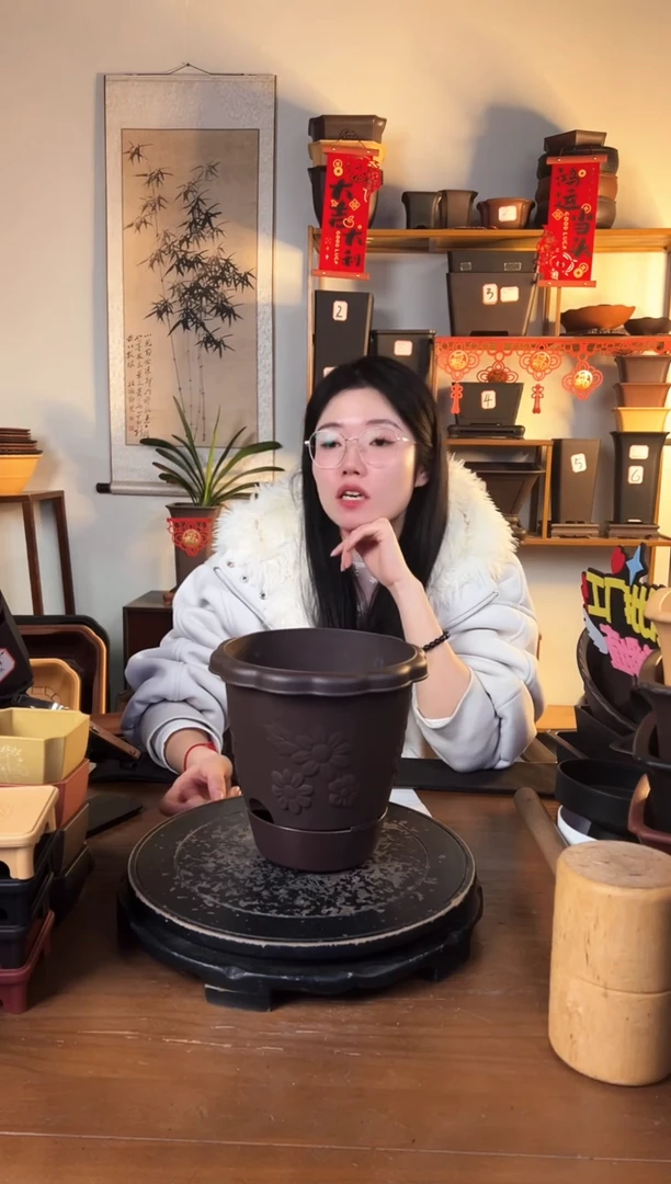 【闪购商品】树脂20口径浮雕懒人圆盆4只装紫檀色